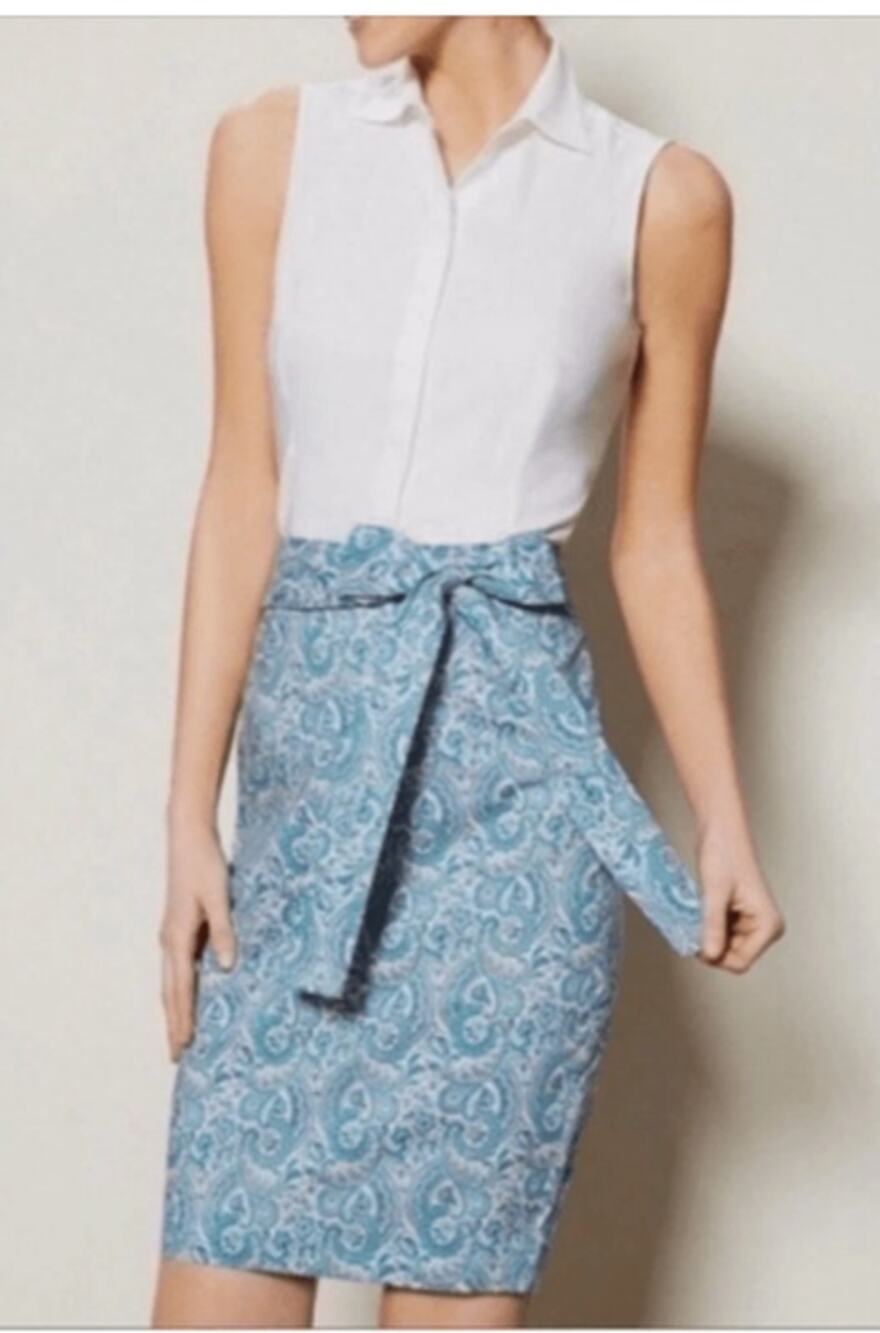 Antonio Melani Paisley Print Pencil Skirt Blue Cotton Tie Belt Size 10 NWT - Picture 1 of 4